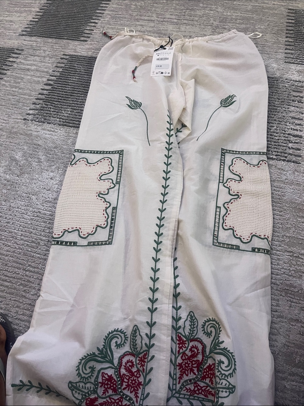 Zara White Wide-Leg Pants with Green Vine & Red Floral Embroidery